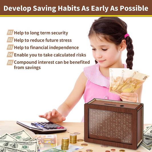 Wooden Cash Savings Box – $10,000 Goal Tracker