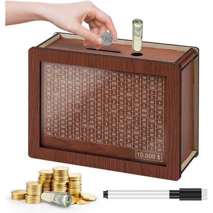 Wooden Cash Savings Box – $10,000 Goal Tracker